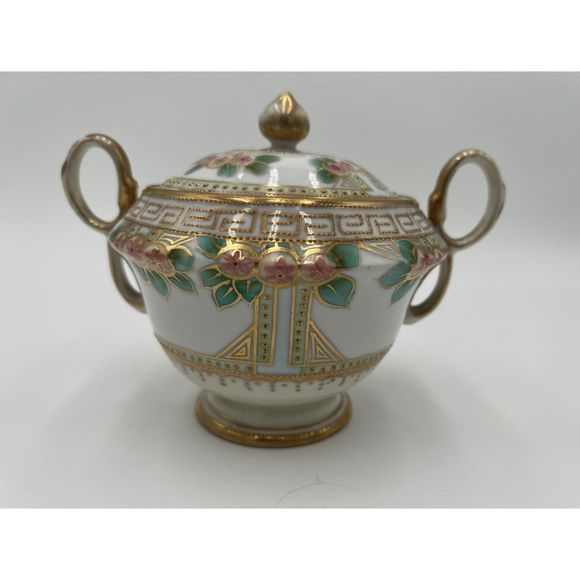 Vintage Nippon‎ Moriage Creamer and Covered Sugar Maple Leaf Gold Beaded - Picture 3 of 9